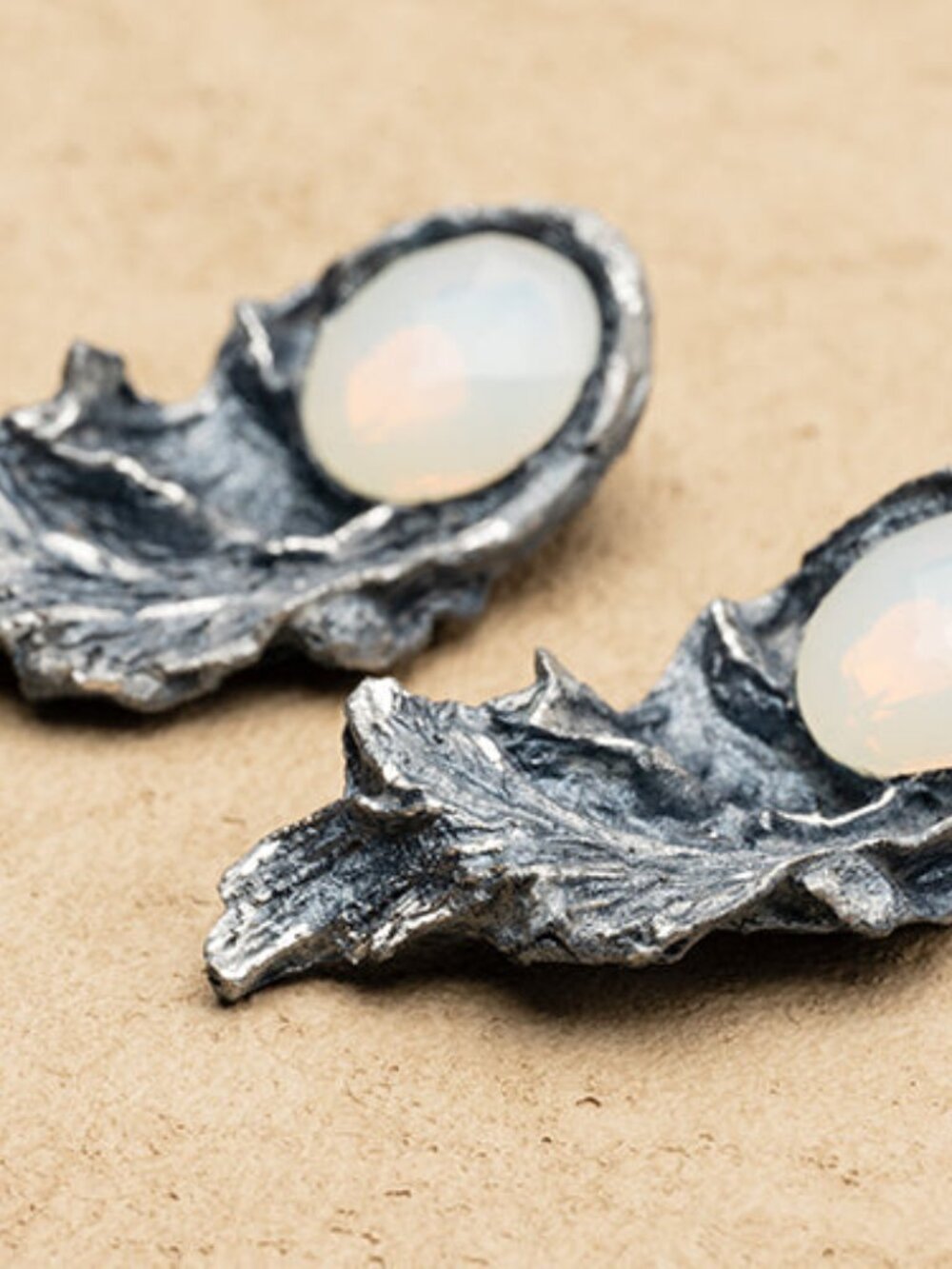 Handmade Papier-Mâché Gold Leaf Wing Earrings, Blue and Opal
